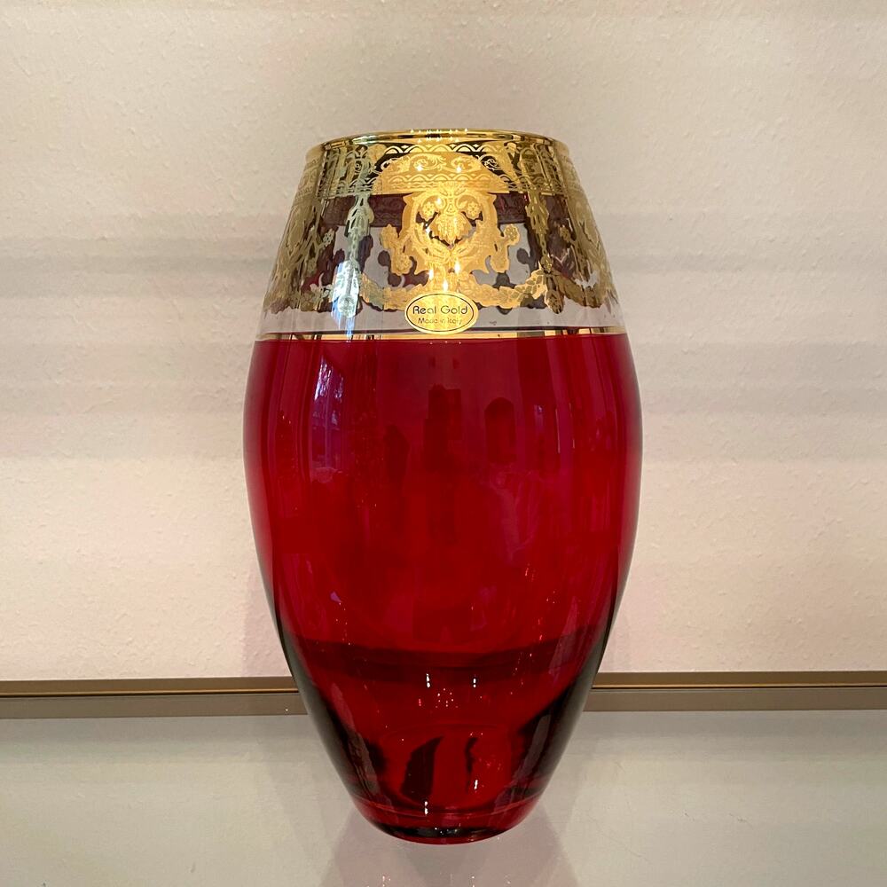 Vintage Style Vecchia Murano Ruby Red Art Glass Vase w/ 24 kt Gold Rim 11in NEW